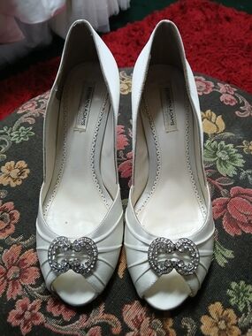 Benjamin Adams White Satin Peep-Toe Heels with Crystal Buckle